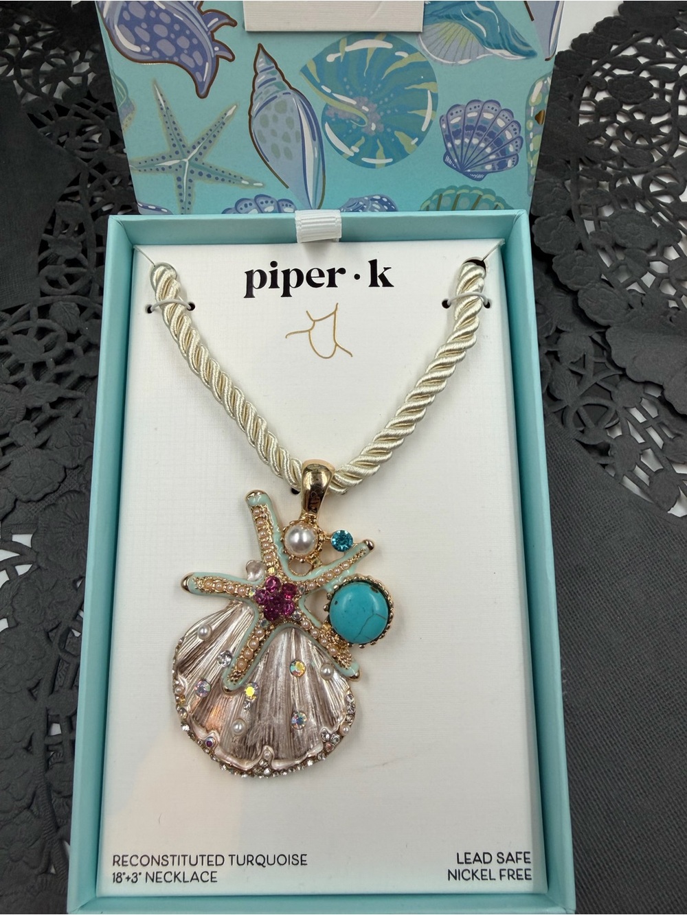 Piper K Coastal Starfish Shell Necklace Turquoise Pearl 18” NEW
